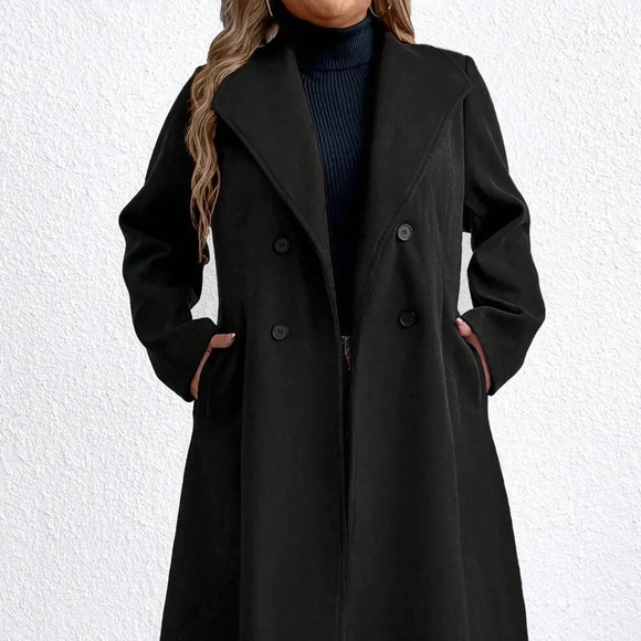 Black Casual Women's Plus Size Plain Double Breasted Pocket Long Sleeve Overcoat - Picture 2 of 6